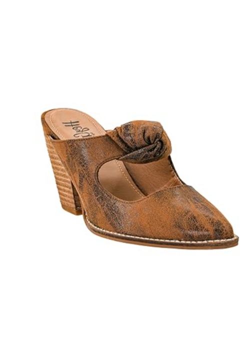 Front view of slip-on cognac shoes with decorative knot detail on the upper and 3.5 inch heel. 