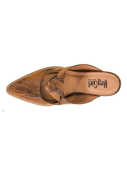 Top view of slip-on cognac shoes with decorative knot detail on the upper and 3.5 inch heel. 