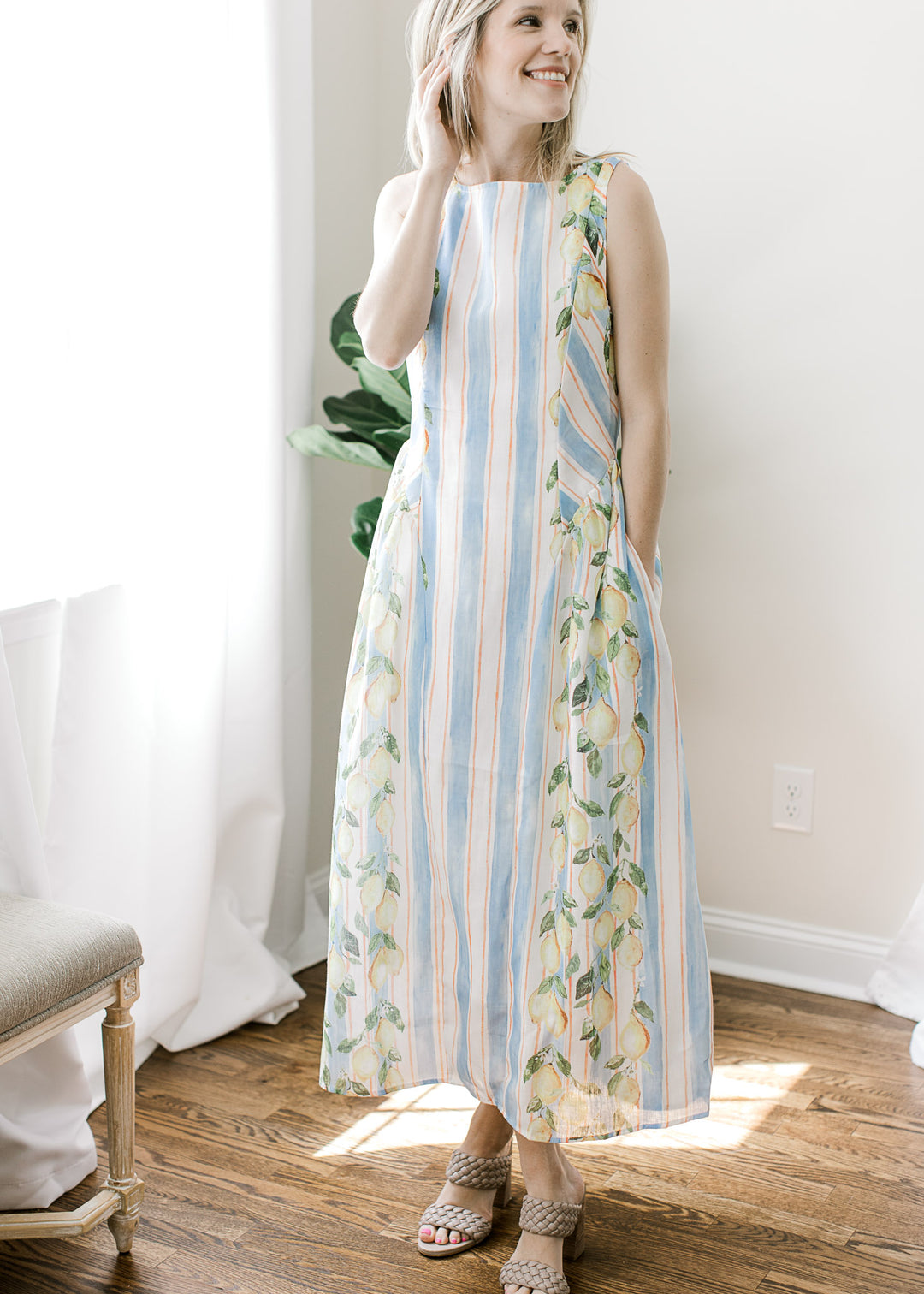 Lemonada Striped Midi Dress with Pockets | Lemon Detail