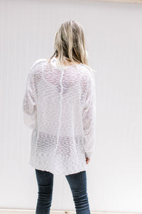 Back view of Model wearing a semi-sheer cream loose knit sweater with long sleeves and exposed hem. 