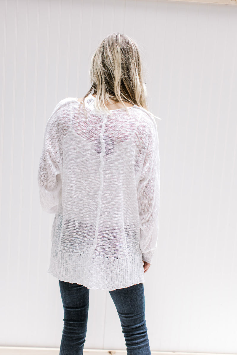 Back view of Model wearing a semi-sheer cream loose knit sweater with long sleeves and exposed hem. 