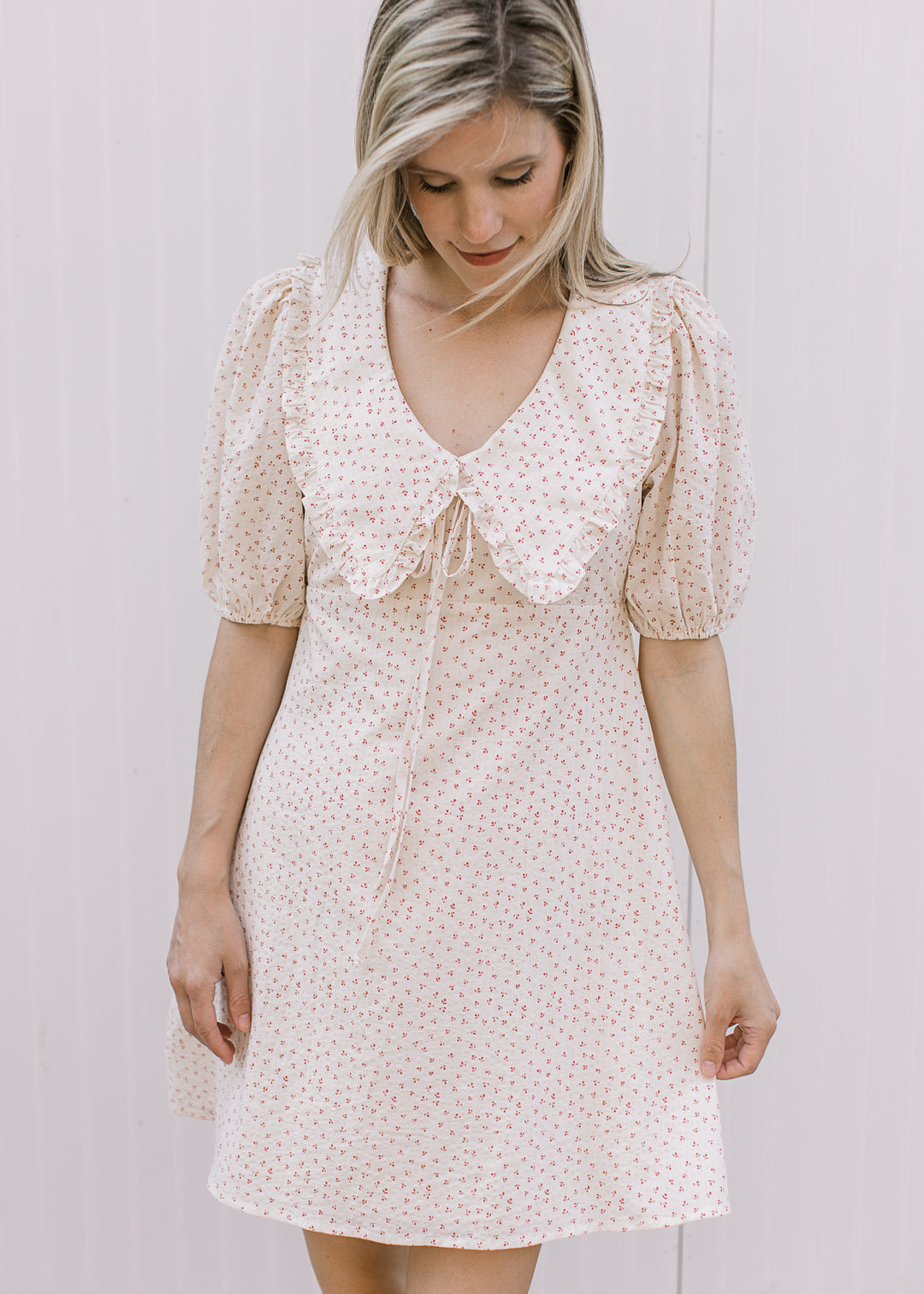 Model wearing a cream above the knee dress with rose ditsy floral and exaggerated flap collar. 