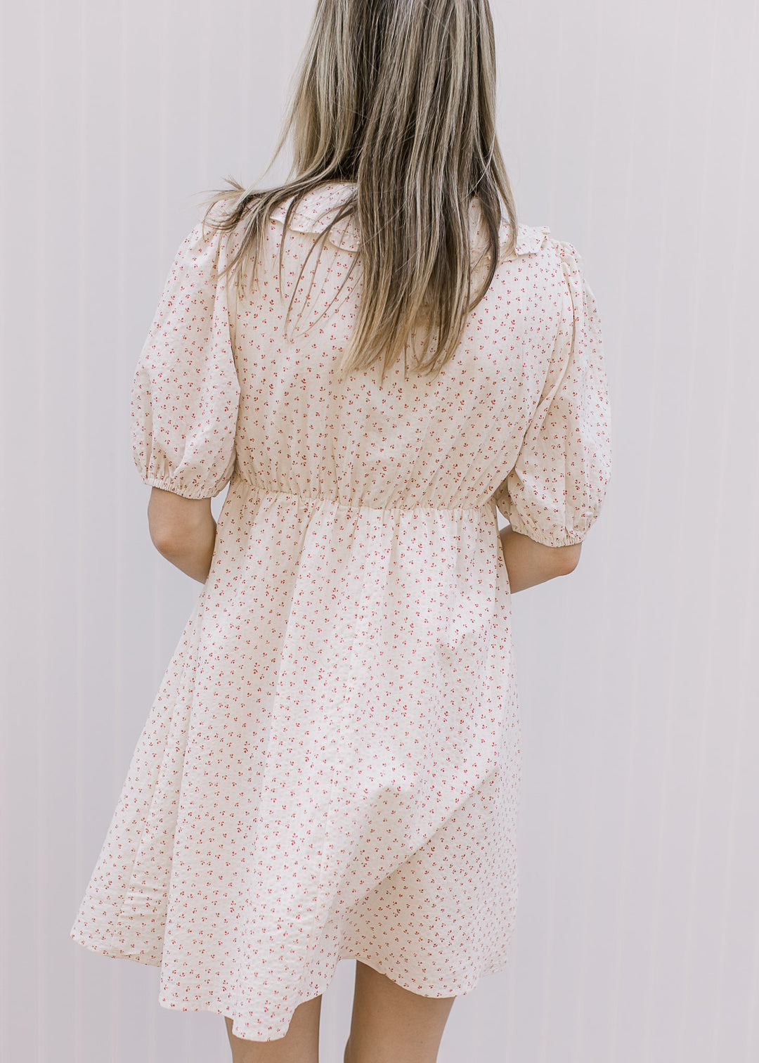 Back view of model wearing a cream dress with rose floral, elastic waist and bubble short sleeves.