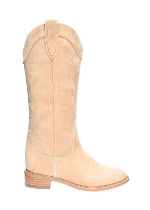 Side view of a camel colored synthetic suede boot with a round toe, pull on fit and 1.25” heel. 