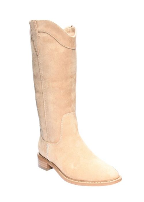 Front view of a camel colored synthetic suede boot with a round toe, pull on fit and 1.25” heel. 