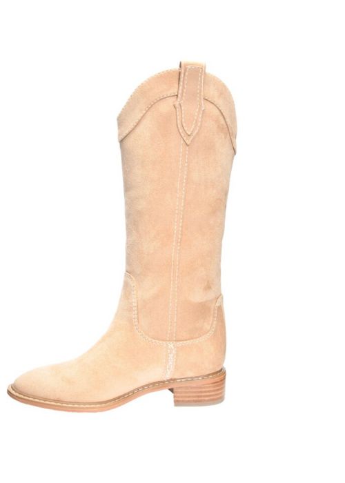 Inside view of a camel colored synthetic suede boot with a round toe, pull on fit and 1.25” heel. 