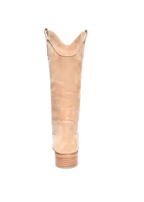 Back view of a camel colored synthetic suede boot with a round toe, pull on fit and 1.25” heel. 