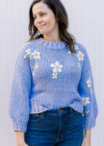 Model wearing a soft blue knit sweater with white flowers, 3/4 sleeves and a round neck.