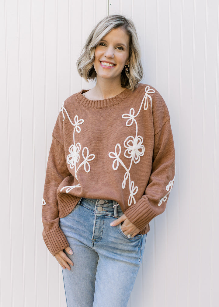 Mocha and White Ribbon Flower Sweater