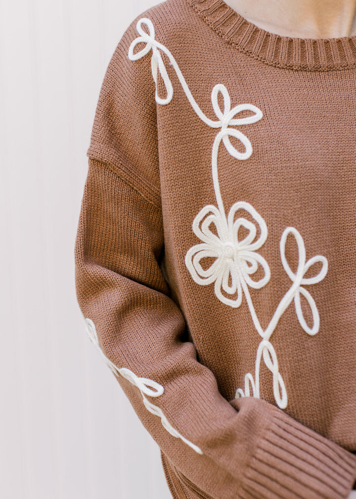 Mocha and White Ribbon Flower Sweater