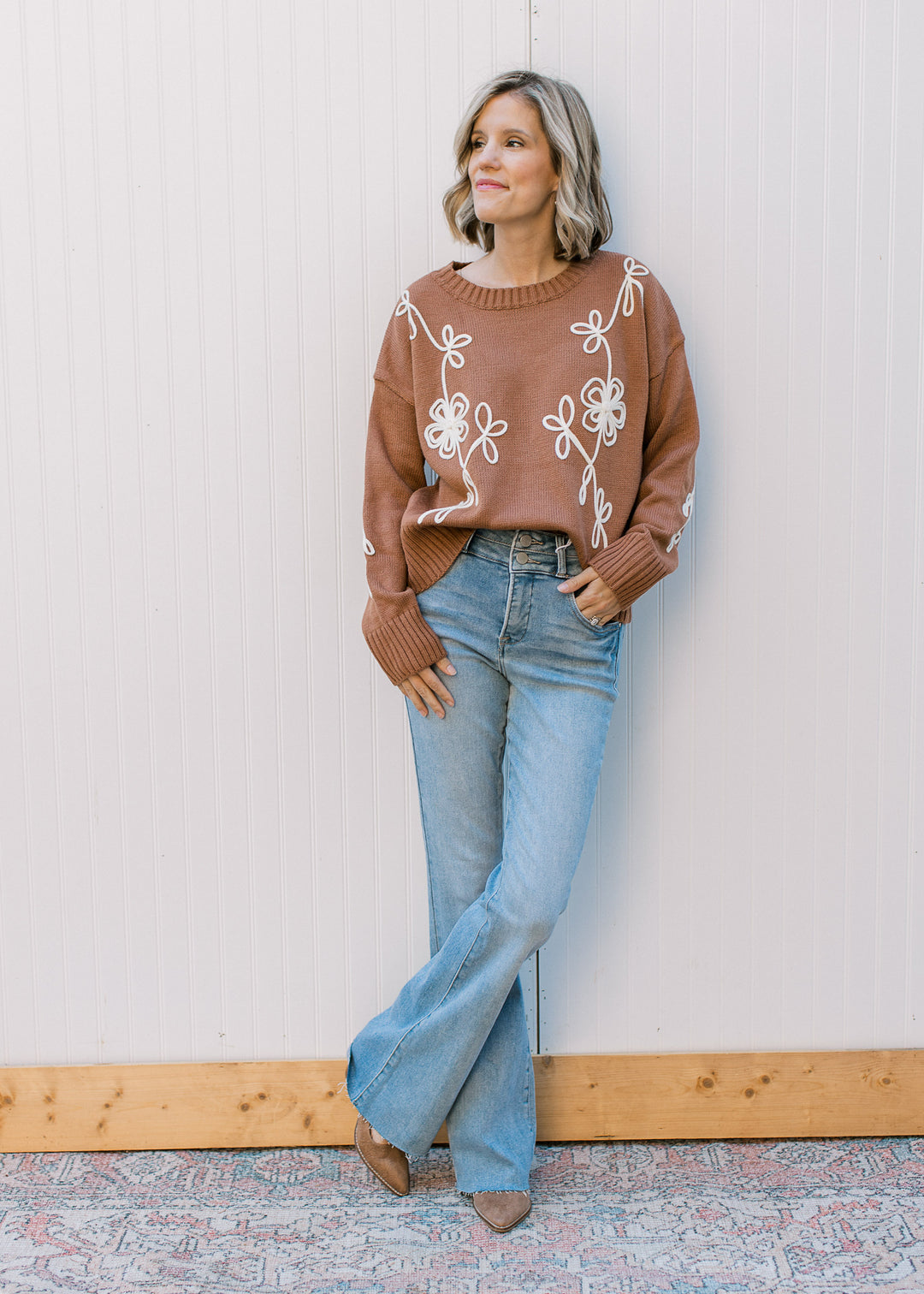 Mocha and White Ribbon Flower Sweater