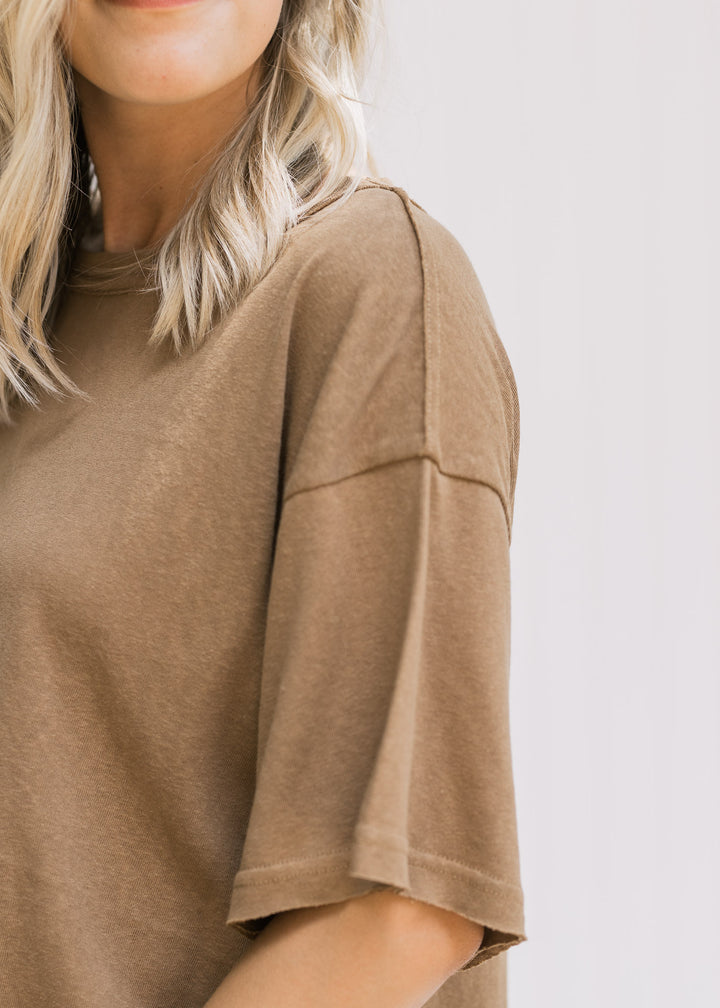 Close up view of exposed detail on short sleeve of a mocha colored top. 