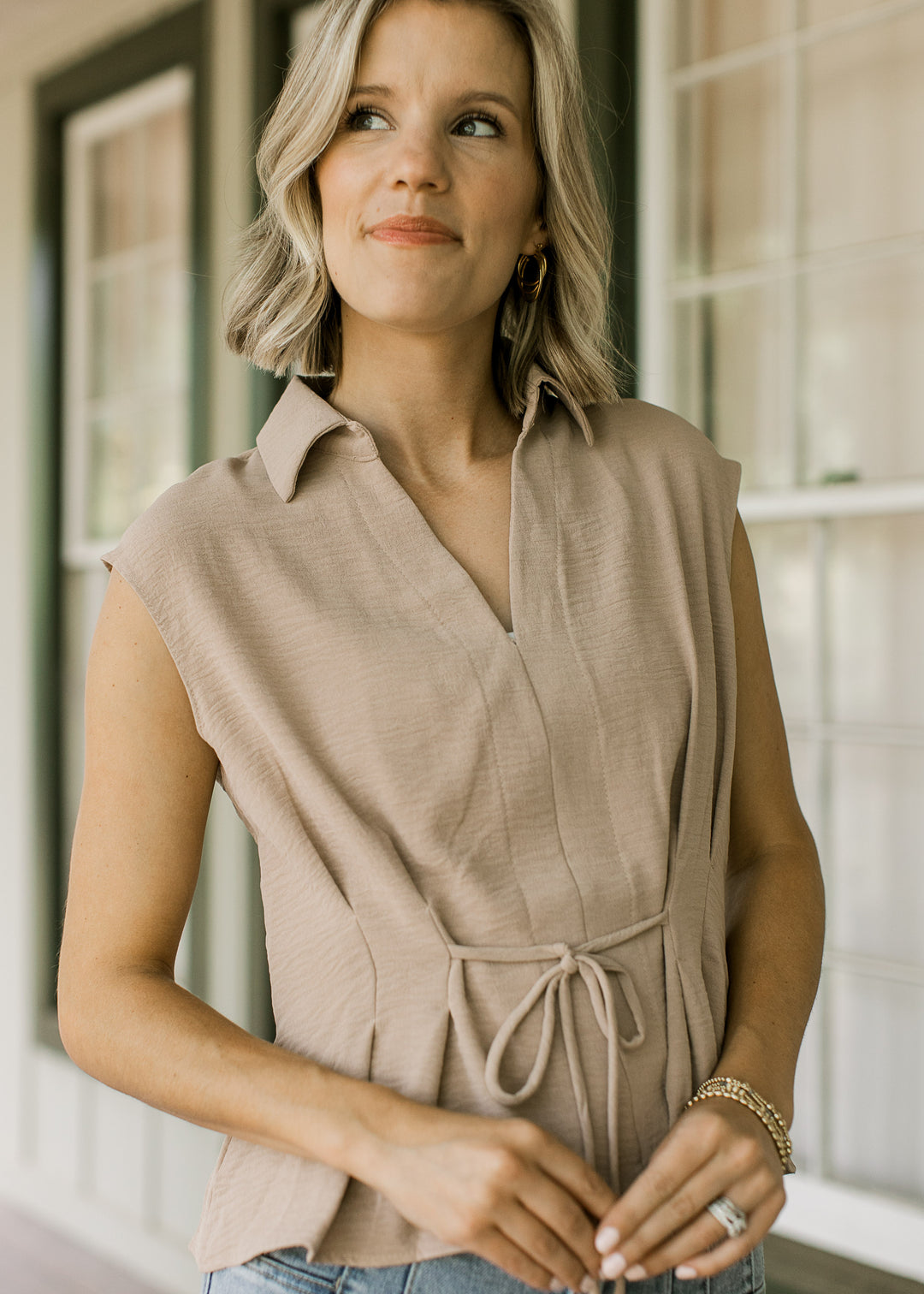 Mocha Tie Front Top