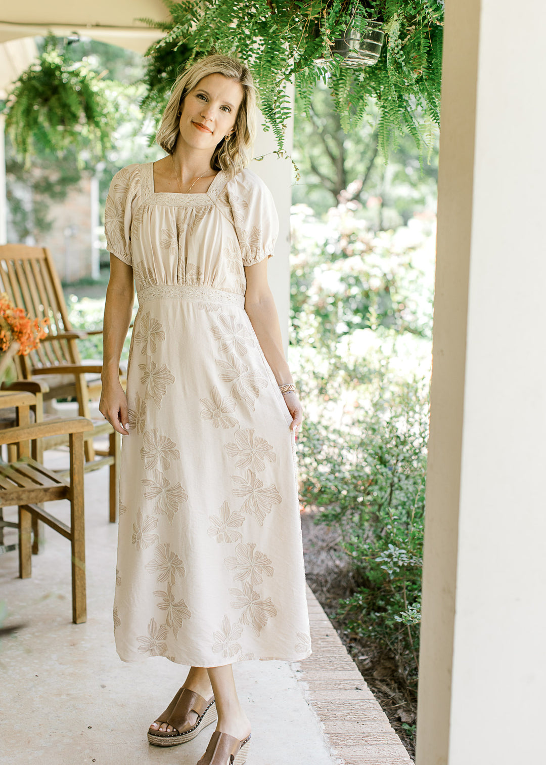 Natural Embroidered Midi