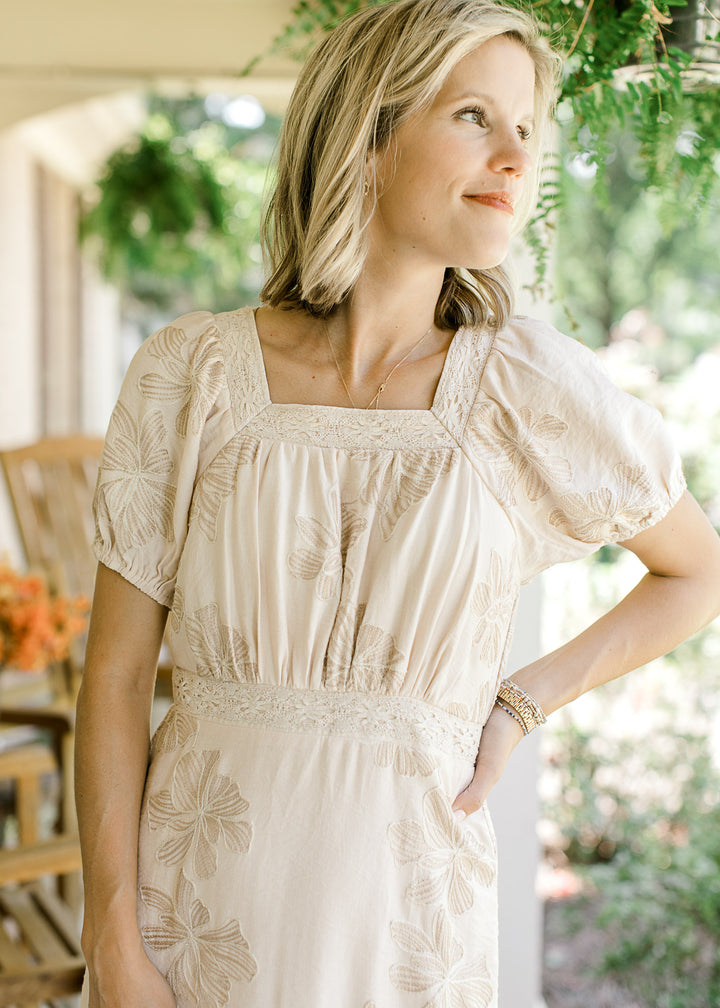 Natural Embroidered Midi