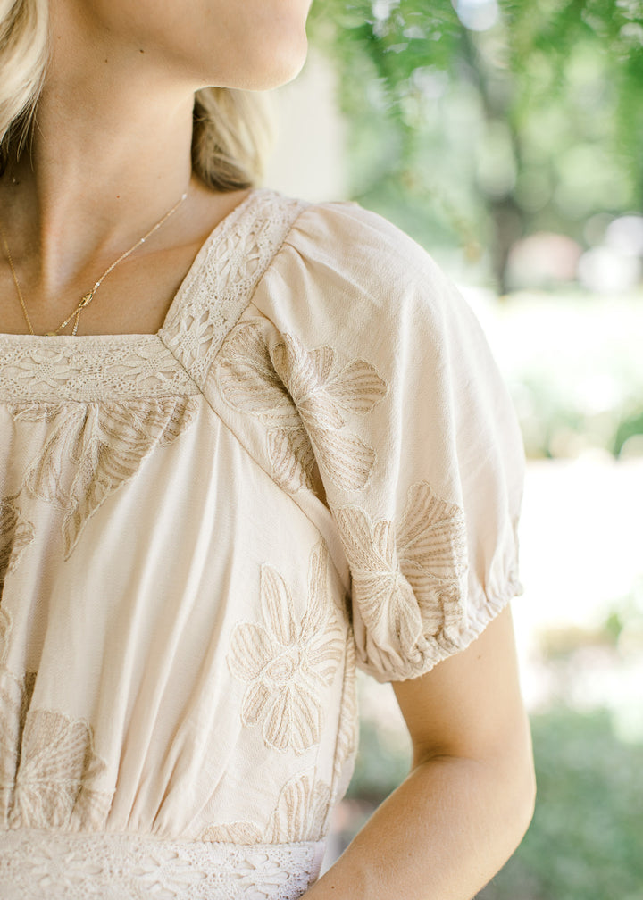 Natural Embroidered Midi