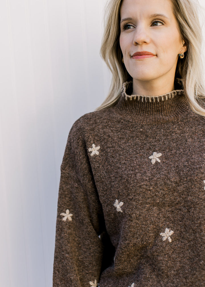 Close up of mock neckline with taupe stitching and taupe flowers on a brown sweater.