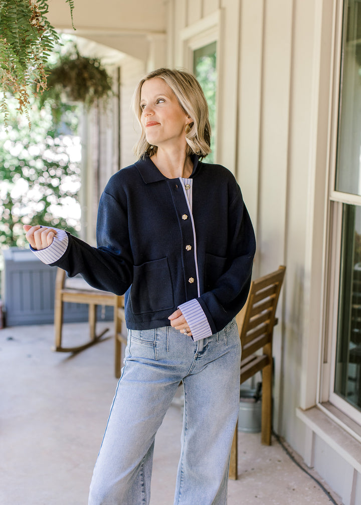 Navy Blue Gold Button Cardigan