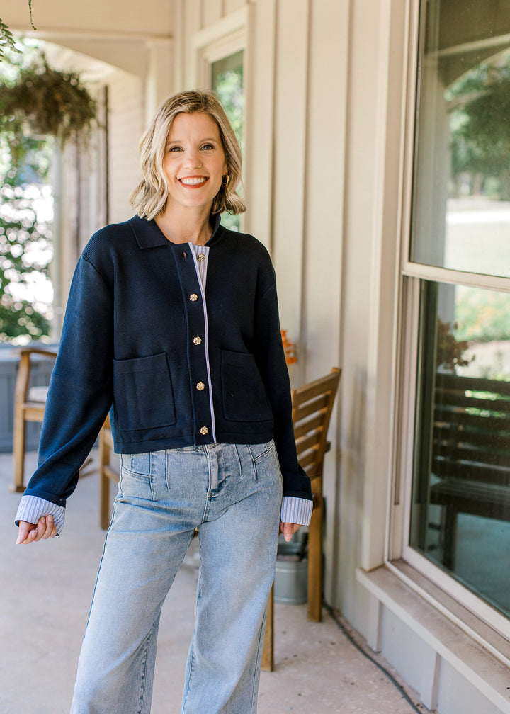 Navy Blue Gold Button Cardigan