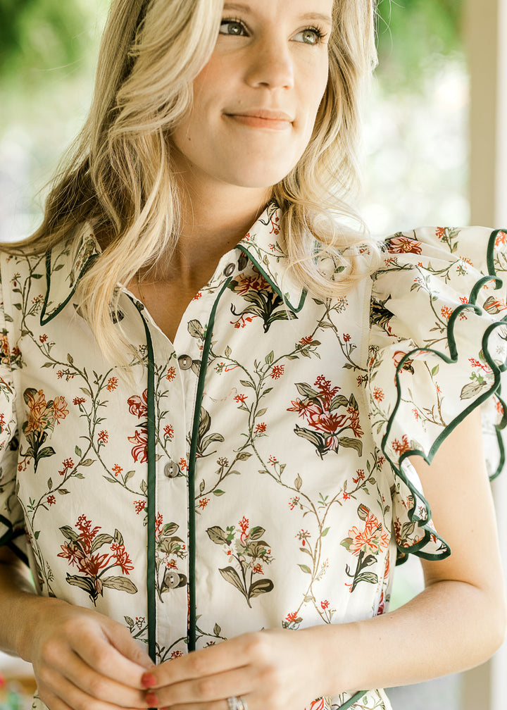 Close up of button front, collar and layered ruffle cap sleeves on a cream dress with floral. 