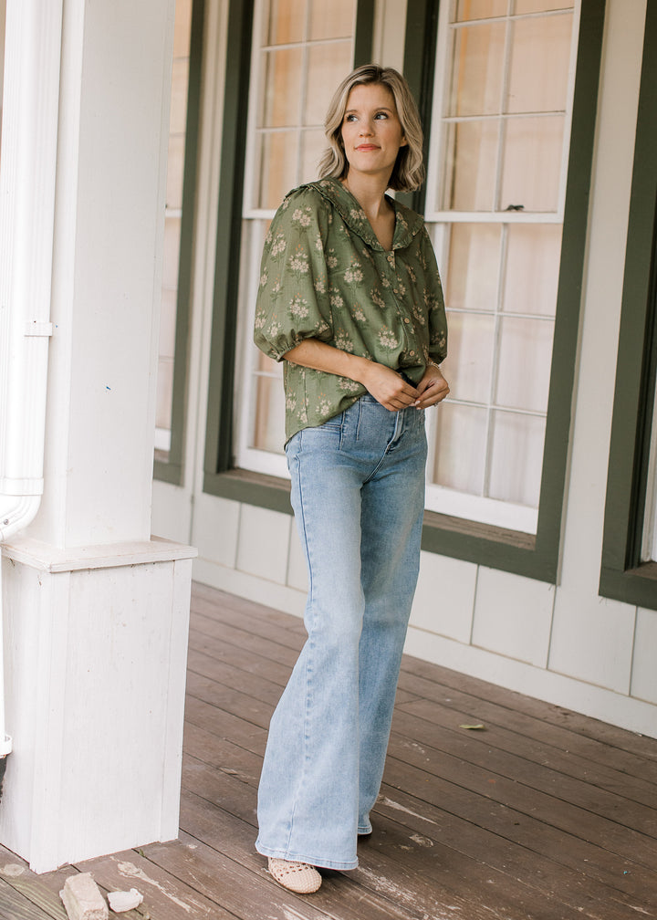 Olive Floral Collared Top