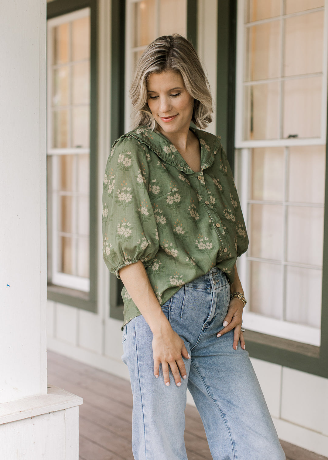 Olive Floral Collared Top