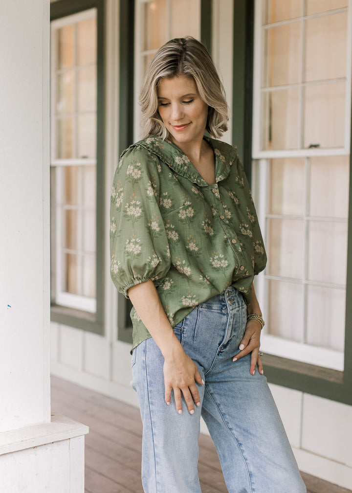 Olive Floral Collared Top