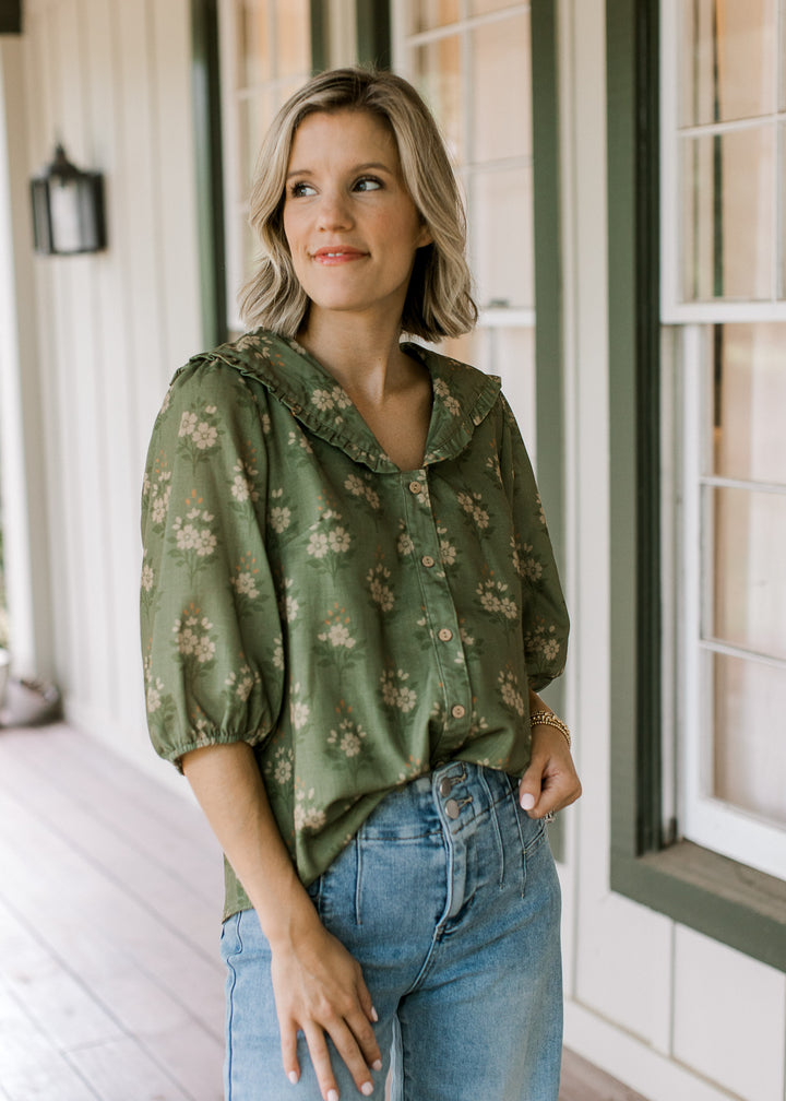Olive Floral Collared Top