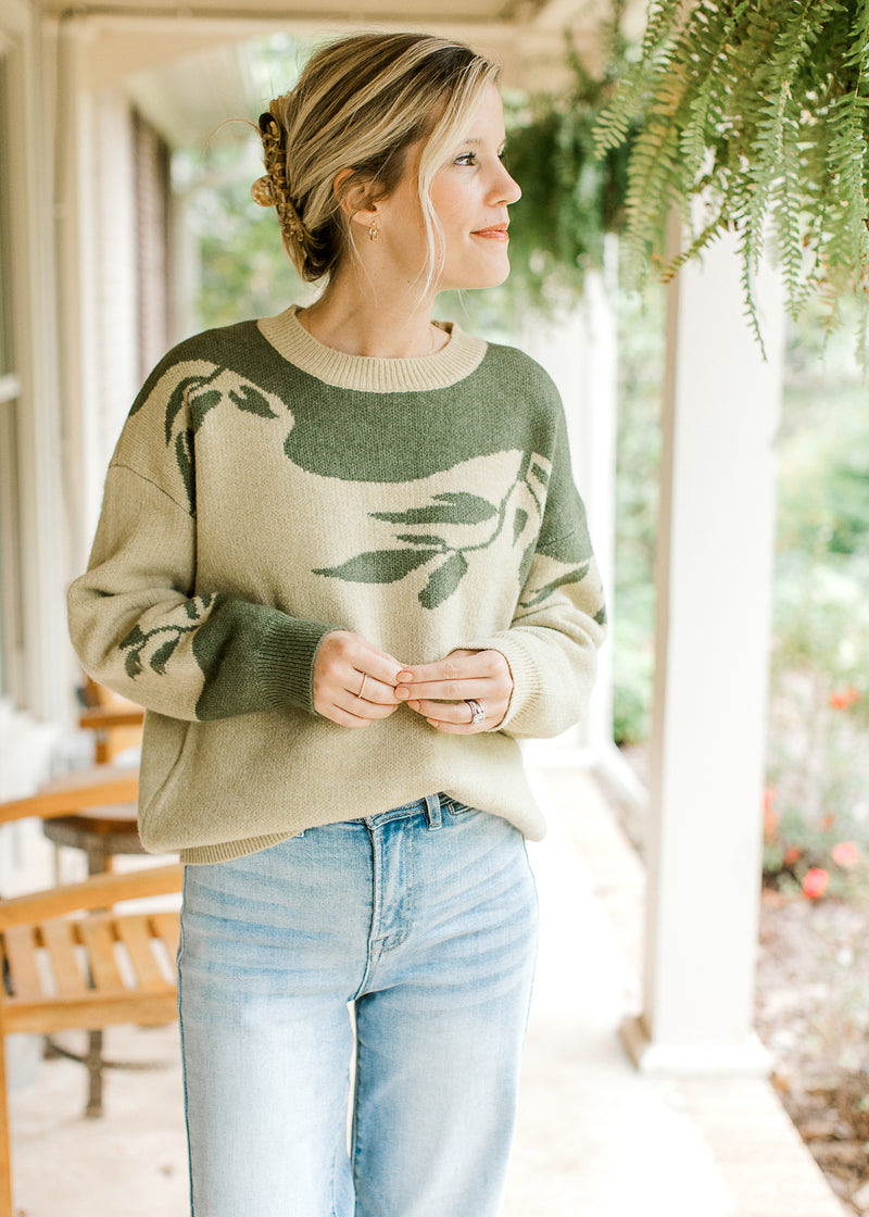 Model wearing a sage sweater with olive tree detail, long sleeves and round neck. 