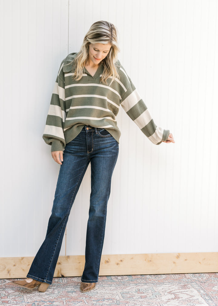 Olive Varsity Stripe Sweater