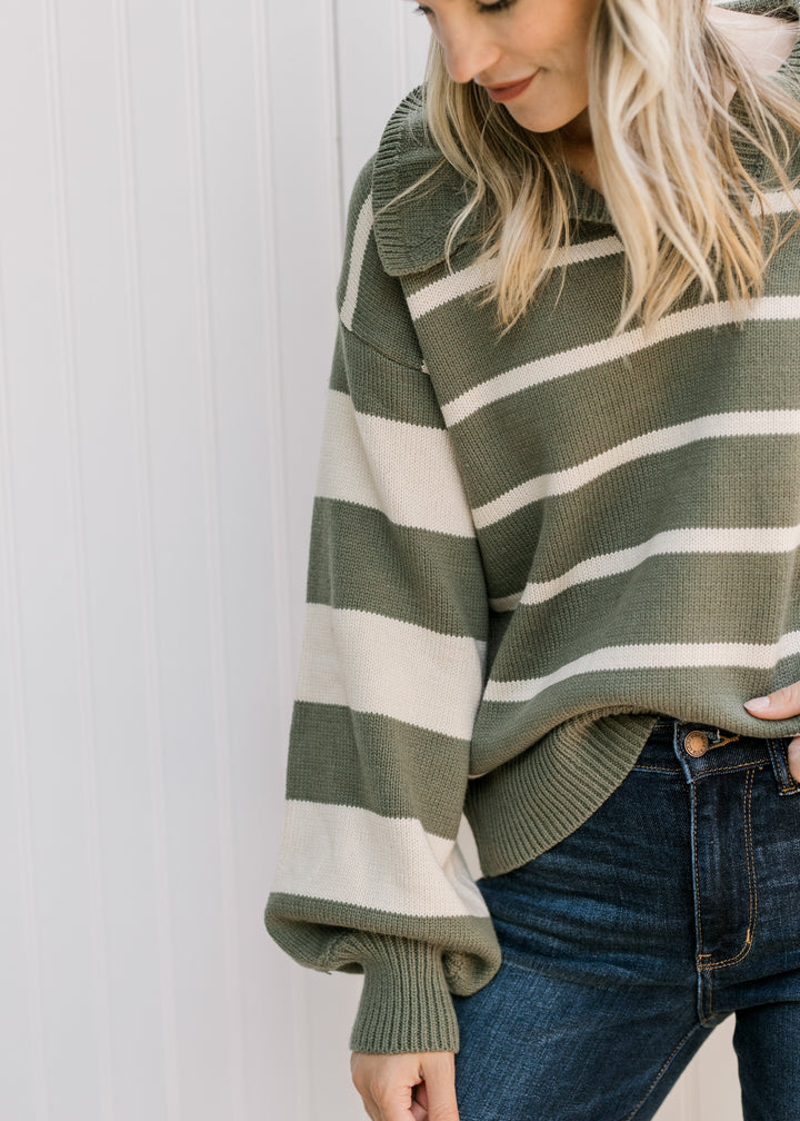 Olive Varsity Stripe Sweater