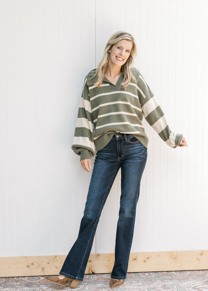 Olive Varsity Stripe Sweater