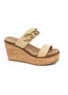 Outside view of sandals with a double raffia strap, gold chain detail and cork wedge heel. 