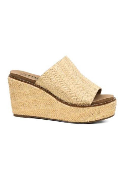 Side view of wedge slip on with a gold wash raffia material and a padded foot bed.