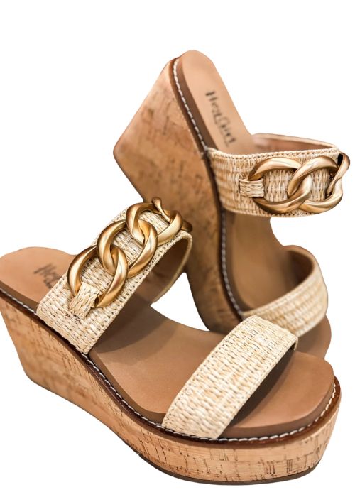 Side view of sandals with a double raffia strap, gold chain detail and cork wedge heel. 