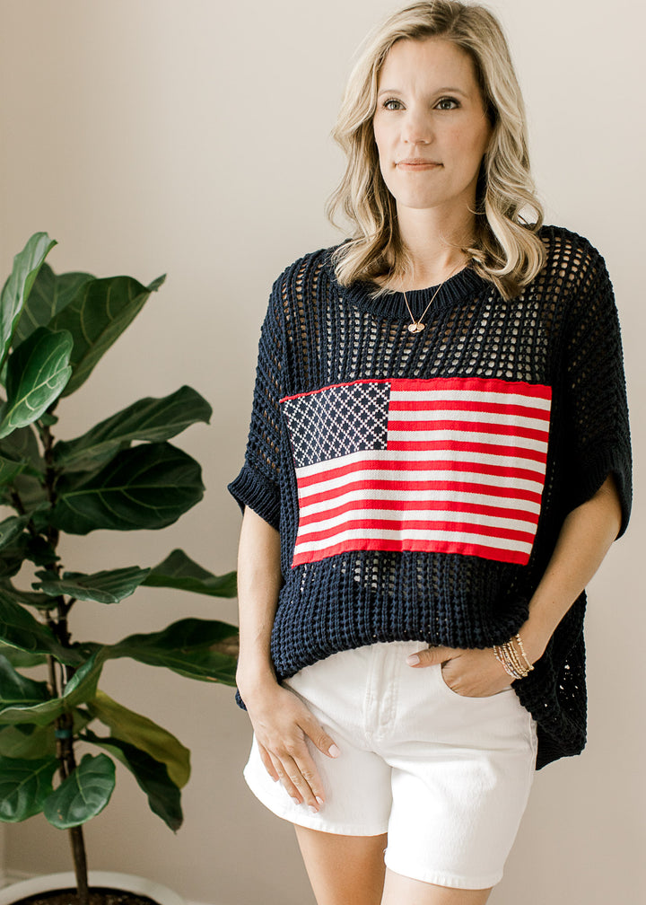 Open Knit Navy Flag Sweater