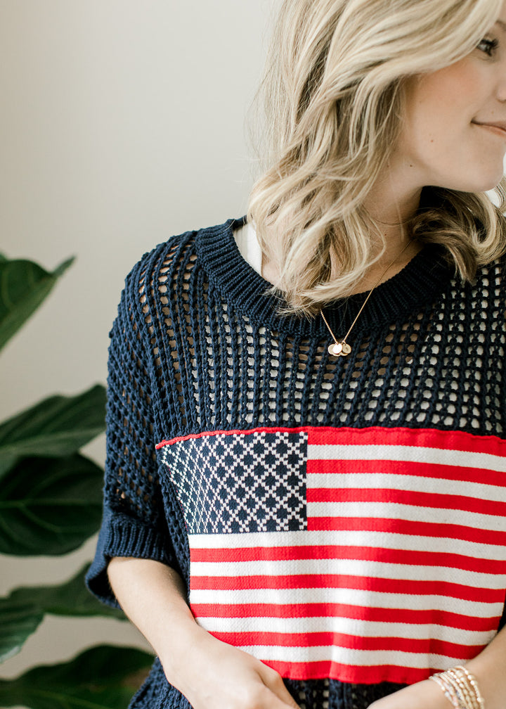 Open Knit Navy Flag Sweater