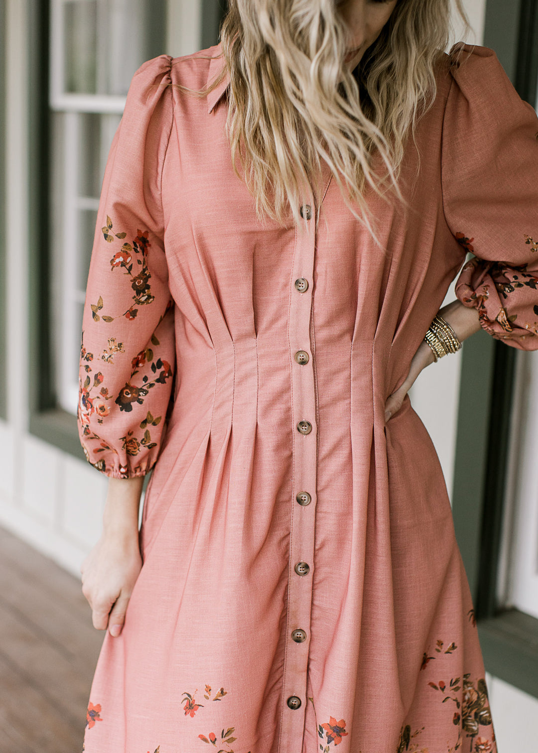 Peach Pleats and Floral Dress