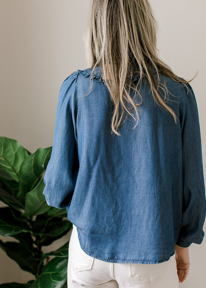 Back view of Model wearing a long sleeve blue top with flap collar with ruffle and v-neck with tie. 