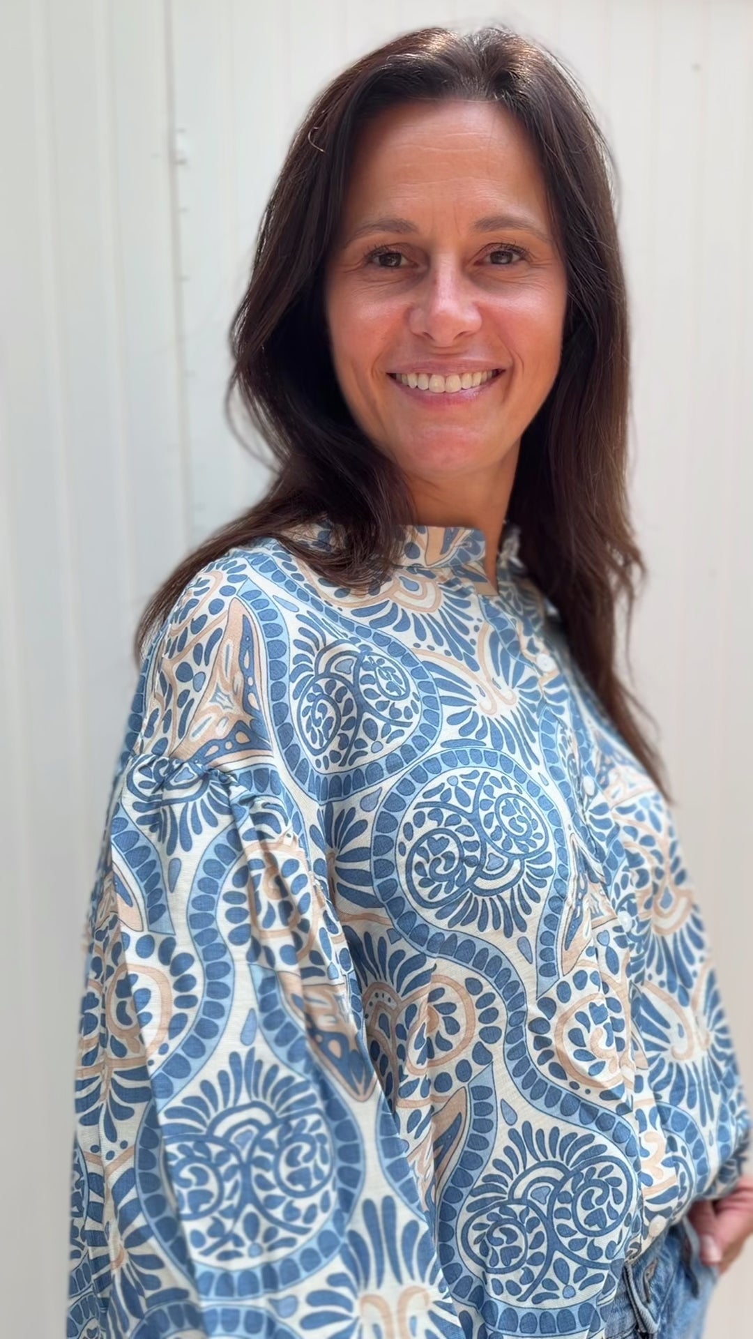 Blue and Tan Pattern Top
