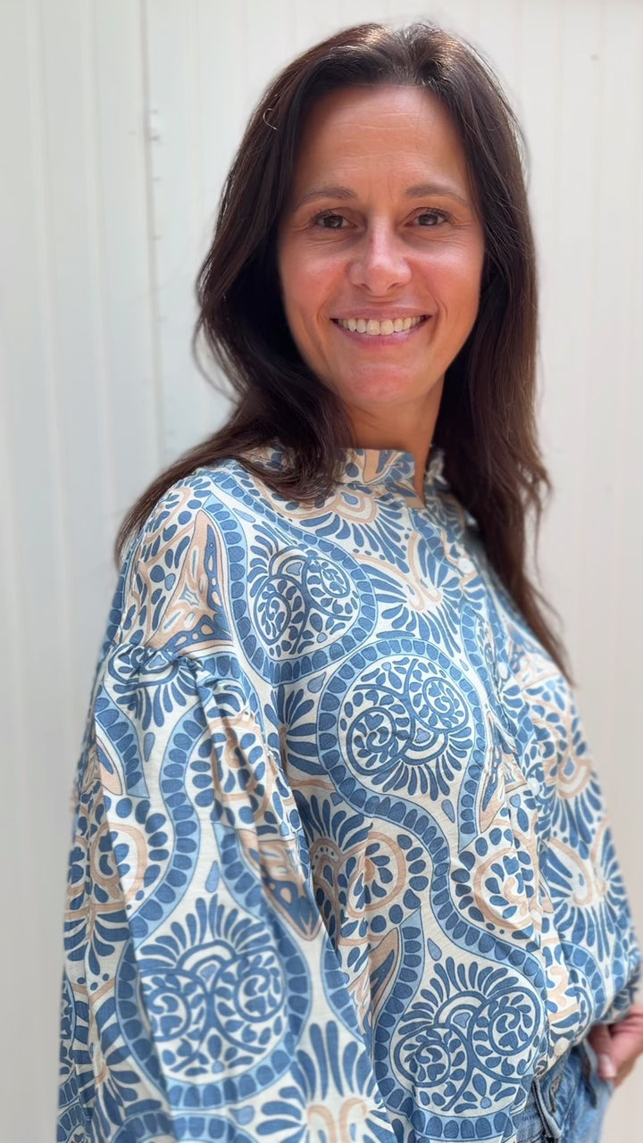 Blue and Tan Pattern Top