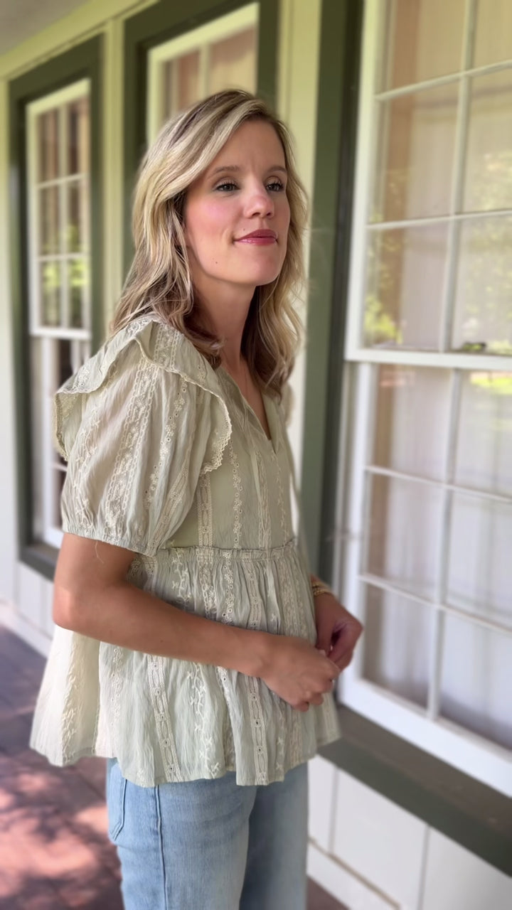 Sage and Cream Embroidered Top