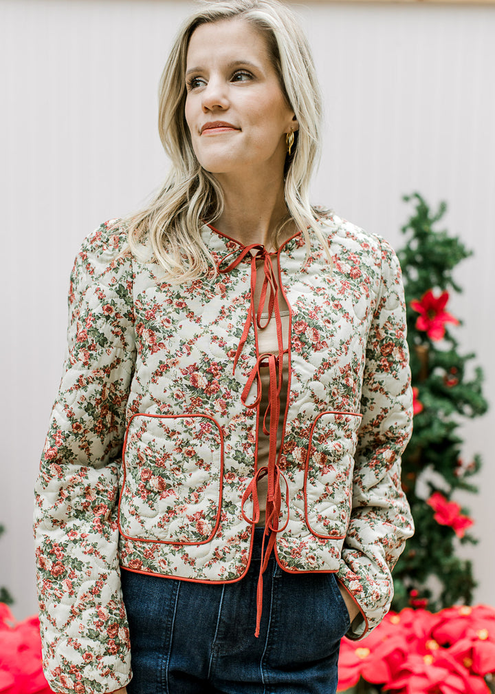 Red Flowers on Sage Quilted Jacket