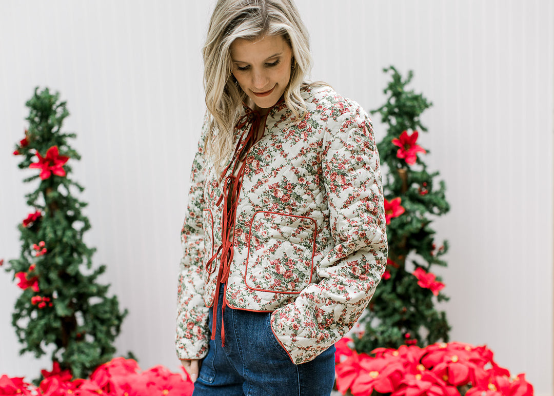 Red Flowers on Sage Quilted Jacket
