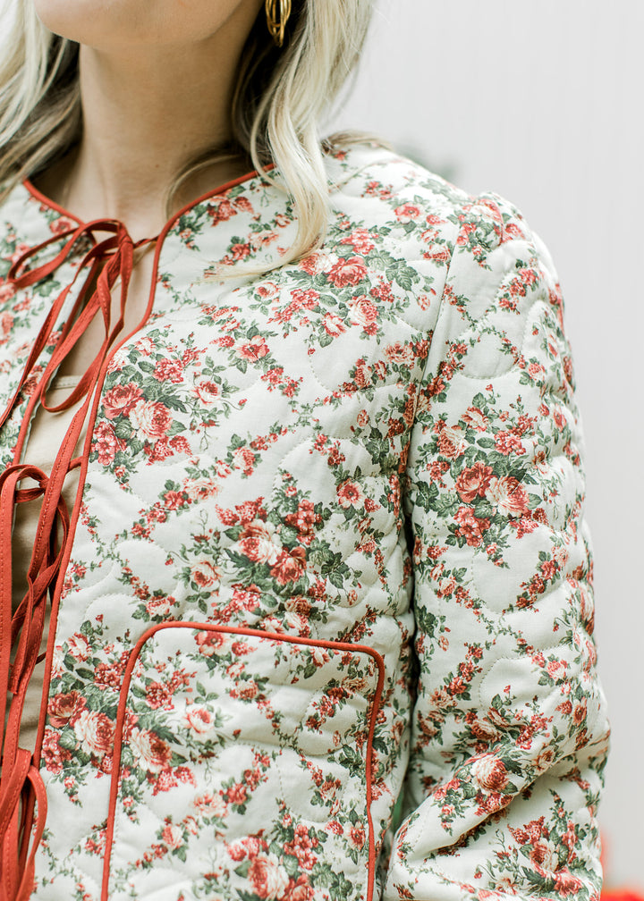 Red Flowers on Sage Quilted Jacket