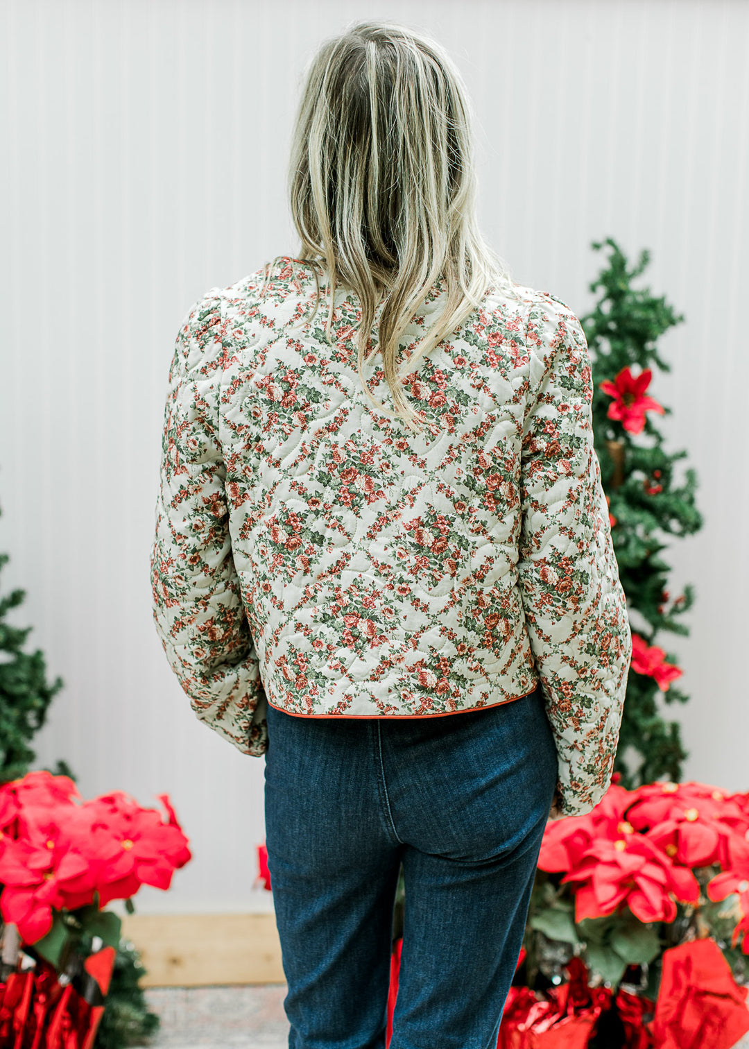 Red Flowers on Sage Quilted Jacket