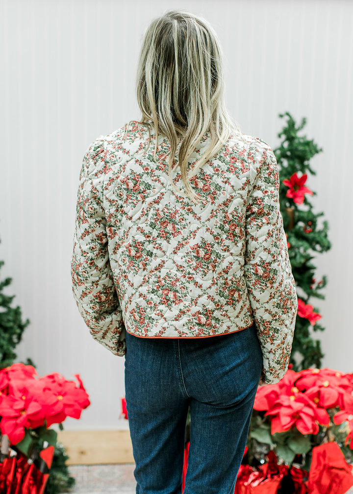Red Flowers on Sage Quilted Jacket