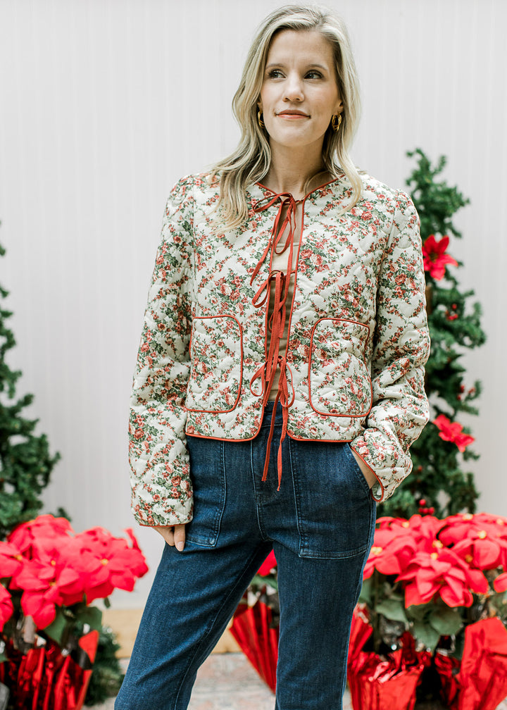 Red Flowers on Sage Quilted Jacket