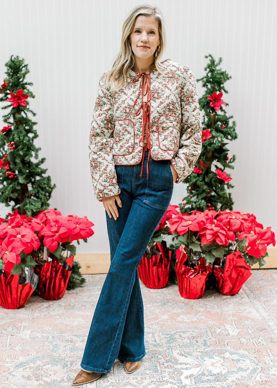 Red Flowers on Sage Quilted Jacket
