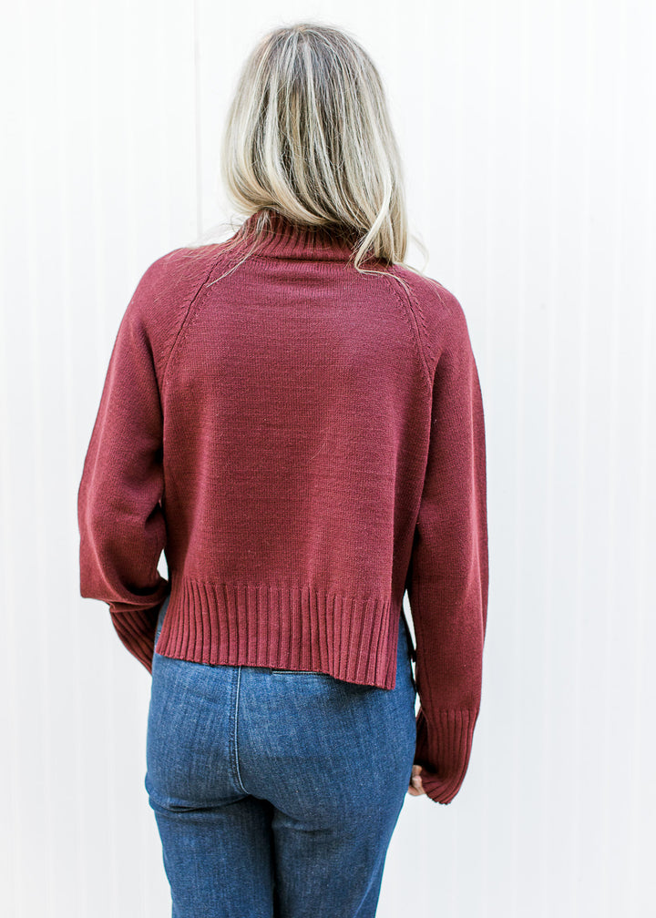 Back view of Model wearing a deep burgundy knit with a mock neckline and long sleeves. 